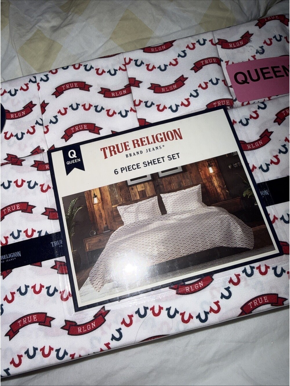 True Religion Red, Blue Logo Queen 6 Piece Sheet Set